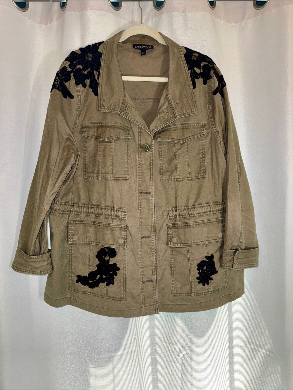 Lane Bryant Olive Utility Jacket with Black Floral Appliqué